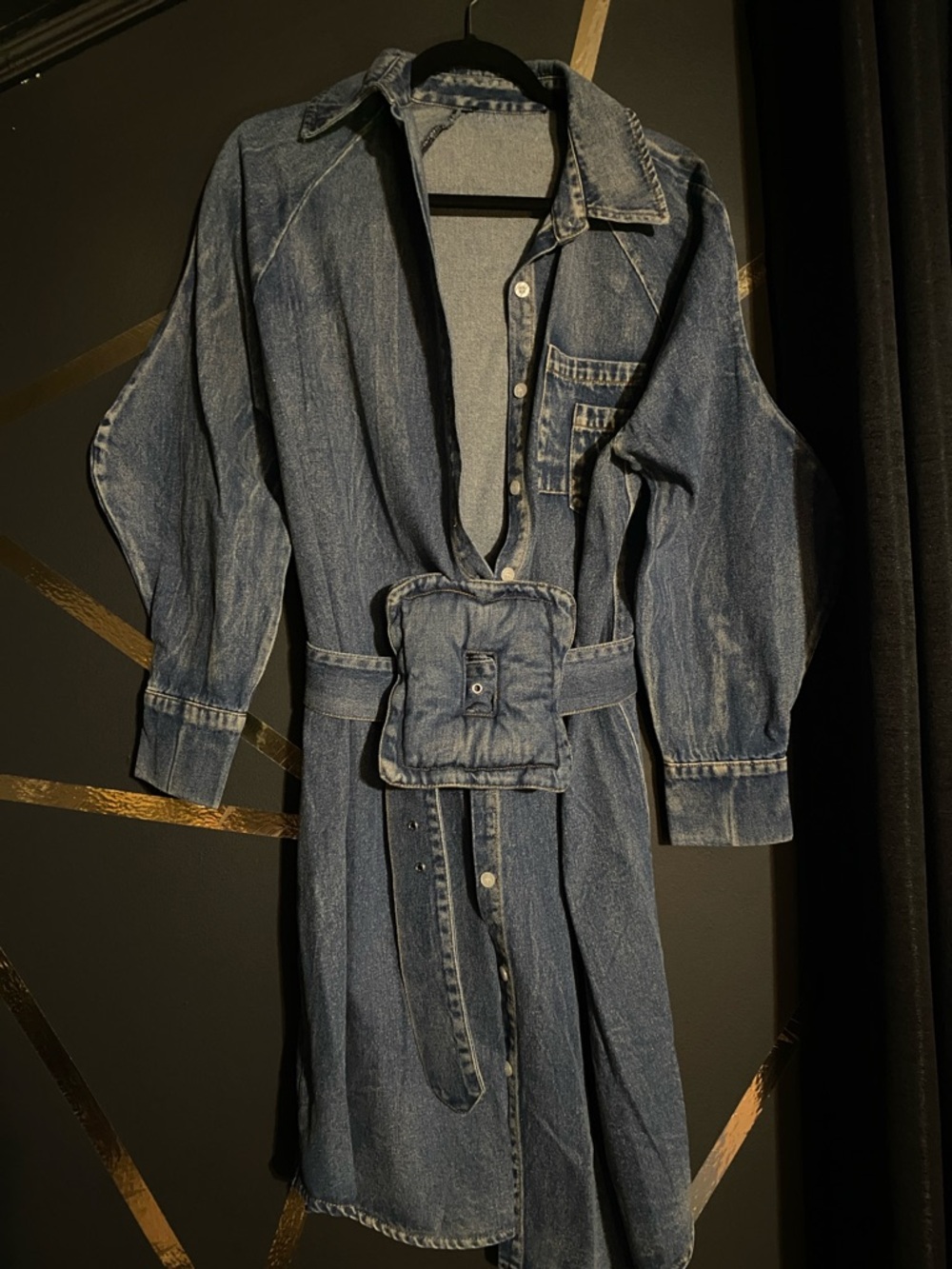 Denim Button-Front Shirt Dress with Statement Belt